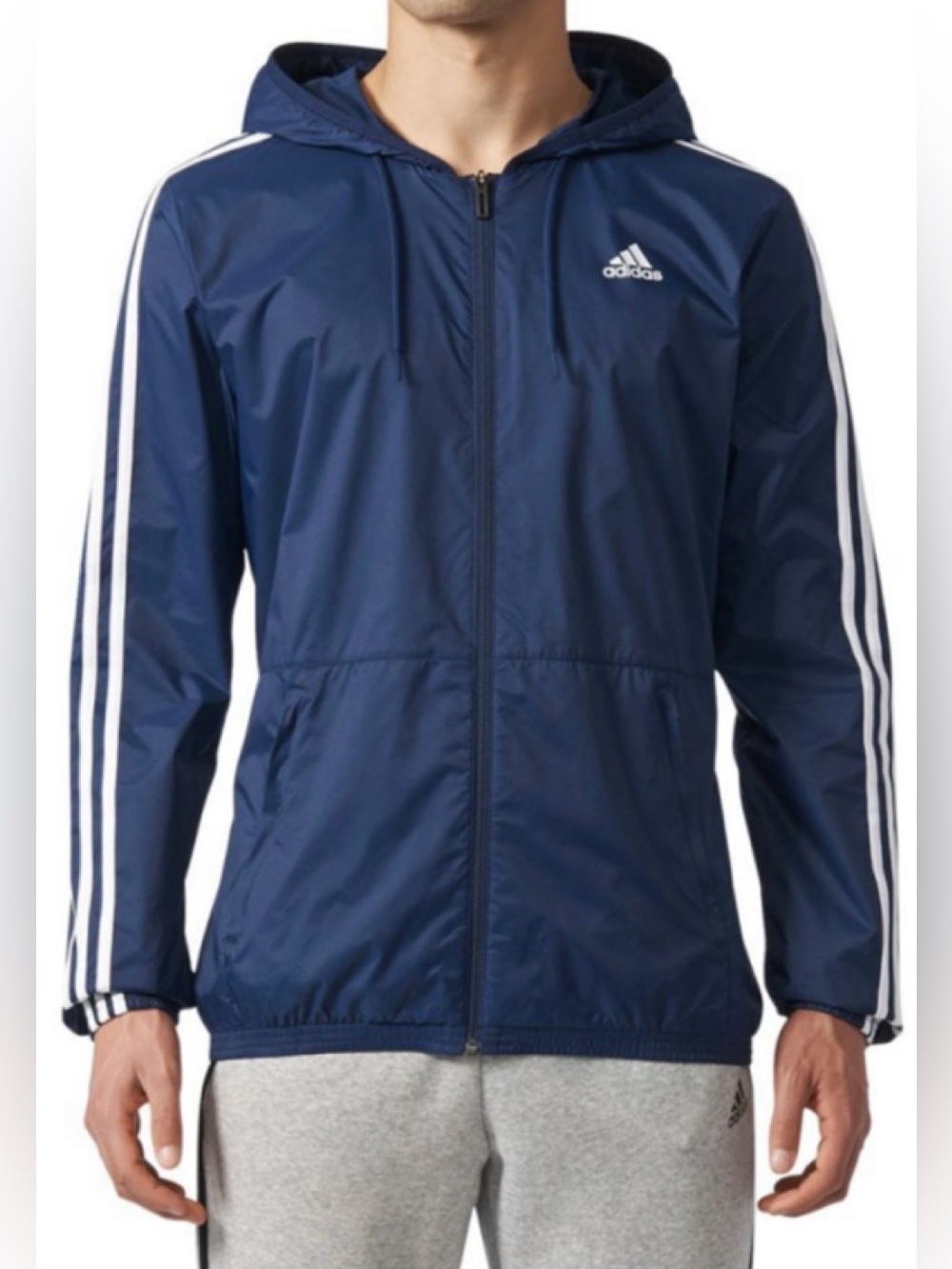 NWOT Men’s Adidas Essential 3 Striped Zip Windbreaker Jacket navy Medium